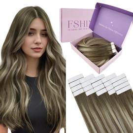 fshine Ombre Human Hair Tape in Extensions 16 Inch Invisible Hair Tape in Human Hair Extensions Dark Brown to Light Brown and Golden Blonde Tape in Extensions Straight Natural Hair 50g 20pcs