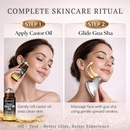 Fiora Naturals Roll-on de aceite de ricino orgánico y herramienta facial Gua Sha de acero inoxidable: herramienta de metal para esculpir el rostro, se