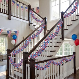 59.04FT 9PCS 4th/Fourth of July Tinsel Garland Decorations, Independence Patriotic Day Red White and Blue Hanging Parade Decor for Golf Cart Bike Door Tree Home Office Indoor Outdoor Party Supplies