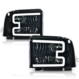 G-PLUS LED DRL Headlights Assembly, Compatible with 2005 2006 2007 Ford F250 F350 F450 F550 Super Duty Headlamp Driver and Passenger Side, Smoky lens Black Housing Clear Reflector