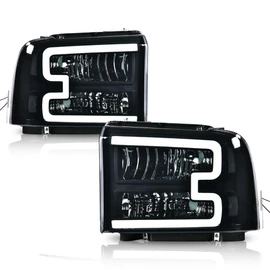 G-PLUS LED DRL Headlights Assembly, Compatible with 2005 2006 2007 Ford F250 F350 F450 F550 Super Duty Headlamp Driver and Passenger Side, Smoky lens Black Housing Clear Reflector