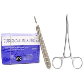 MuskalMed 100 Sterile Carbon Steel Blades #10 with Free Scalpel Handle #3 Graduated and Blade Remover Hemostat