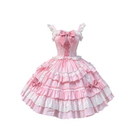 Girls Sweet Lolita Dress Pink Layered Ruffle Dress with White Lace Trim and Bows Cosplay Costumes (Pink, Small)