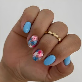 Flower Press on Nails Short Oval Fake Nails Spring Summer False Nails Glossy Glue on Nails Blue Nails Press ons Acrylic Nails Full Cover for Women 24 Pcs