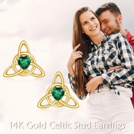 Dovran 14K Gold Celtic Knot Stud Earrings for Women Emerald Crystal Real Gold Triangle Knot Earrings Solid Gold Celtic Jewelry Gifts