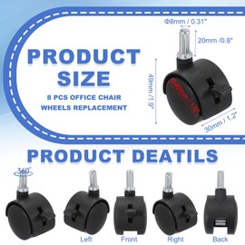 PATIKIL Office Chair Wheels Replacement 1.5", 8 Pcs Nylon Heavy Duty Office Furniture Casters Wheels with Universal Wheel for Hardwood Floor Carpet, Black(with Brake)