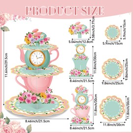 Zopeal 2 Pcs 3 Tier Floral Tea Party Cupcake Stand Decorations Spring Vintage Teapot Cupcake Holder Talking Party Dessert Tower for Flower Tea Party Baby Shower Princess Birthday Wedding Supplies
