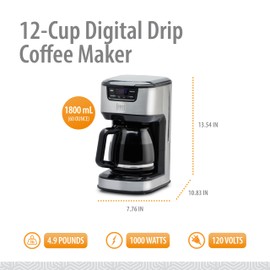 Toastmaster 12-Cup Digital Drip Coffee Maker, Stainless Steel, TM-129CM