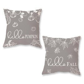 ONWAY Fall Throw Pillow Covers 18x18 Set of 2 Farmhouse Hello Fall Pumpkin Maple Leaves Decorations Outdoor Patio Autumn Seasonal Cushion Cover for Sofa Couch Home Bed Grey