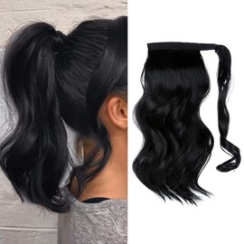 CJL HAIR 14" Short Ponytail Hair Extension Wrap Around Pony Tail Clip in Curly Wavy Synthetic Fake Hairpiece for Women Jet Black