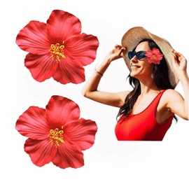 Red 8 cm Hawaiian Flower Hair Clip for Women Girls Fashion Bohemian Flowers Hair Accessory for Dancer Bridal Wedding Beach Party, Decorations (2Pcs)