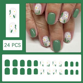24pcs Light Green Flower Press On Nails Short Square Flower Fake Nails Spring Summer Green Cute Daisies False Nails White Flowers Designs Glue on Nails for Women Girls DIY Manicure Decoration