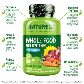 NATURELO Teen Multivitamin - Whole Food Multivitamin for Teenage Boys - Minerals Supplement for Active Kids - with Plant Extracts - Non-GMO - Vegan & Vegetarian - 60 Capsules