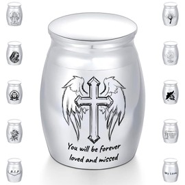 Bowmiaow Small Keepsake Urns for Human Ashes,1.57 Inch High Stainless Steel Mini Urn,Small Ash Urn for Human or Pet,Cremation Urns for Ashes with Cross Pattern.