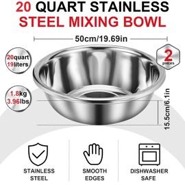FillTouch 2 Pack Large Mixing Bowl Oversized All Purpose 304 Stainless Steel Polished Mirror Flat Base Metal Bowl for Home or Commercial Prepping Baking Mixing Marinating(20 Qt)