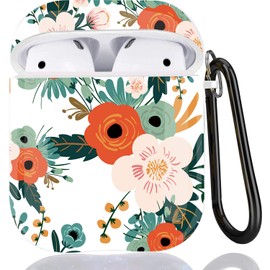 Protective Hard Case Cover Compatible with AirPods 2/1 Generation Skin Portable & Shockproof Women Girls Men with Keychain - Flower