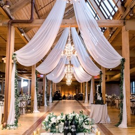 MODFUNS Ceiling Drapes for Weddings White Sheer Ceiling Draping 5x30ft 2 Panels Chiffon Ceiling Curtain Wedding Arch Draping Fabric Tulle Ceiling Drapery for Ceremony Arbor Party Stage Decoration