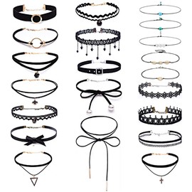 GiantGo Edivoi 21-Piece Choker Necklace Set, Rubber Collar, Tattoo Chain, Jewellery Sets, Women's Jewellery, Velvet Necklace, Tattoo Collar, 16 Black Velvet Necklaces, 5 Pearl Necklaces, Rubber, Pearl
