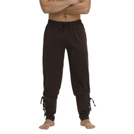 Kranchungel Pirate Pants Men's Viking Cosplay Medieval Renaissance Pirate Costume Ankle Banded Lace-up Trouser Outfit Brown Large