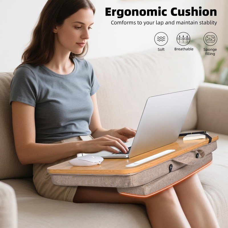 wishacc Portable Bamboo Lap Desk Tray, Natural Wood, Large 21.1