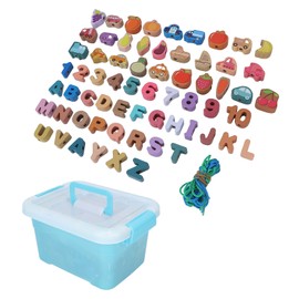 64pcs Lacing Bead Set Wooden Number Fruit Pattern Stringing Beads Educational Toy for Elderly Children