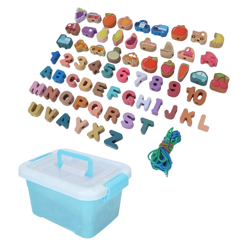 64pcs Lacing Bead Set Wooden Number Fruit Pattern Stringing Beads