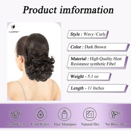 LuxeHair 11” Classic Loose Curly Claw Clip In Ponytail Extension, Short Curly Wavy Claw Clip On Ponytails Hair Extensions Hairpieces for Women- Dark Brown