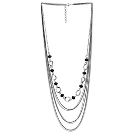 COOLSTEELANDBEYOND Silver Black Long Statement Necklace, Layered Waterfall Chains with Black Crystal Pearl and Circle Pendant, Metal, No Gemstone