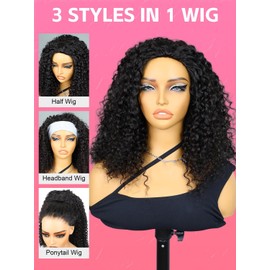 12 InchCurly Half Wig Human Hair 180 Density 3 In 1 Seamless Flip Over Half Wigs Beginner Friendly Glueless Wear and Go Kinky Curly Wig Human Hair Drawstring Headband Wig for Women