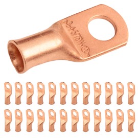 SELTERM 25pcs 4 AWG 5/16" Stud (Wide Pad) Battery Lugs, Ring Terminals, Heavy Duty Copper Wire Lugs, Battery Cable Ends, 4 Guage Ring Terminal Connectors, UL Bare Copper Eyelets Battery Cable Lugs