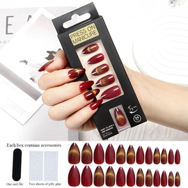 24PCS Red Short False Nails，French Style Golden Cat's Eye False Nails，Cat Eye Press On Nails，Paired with jelly glue and nail files，Full Cover Long Lasting Stick on Nails, detachable DIY nail art.