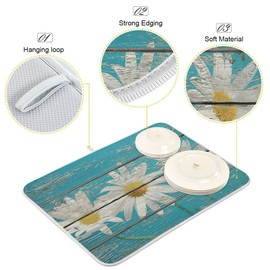 Daisy On Old Wooden Board Dish Drying Mat for Kitchen Counter Turquoise Wood Drying Mat 18 x 24 Inch with High Absorbent Reversible Microfiber Dish Drying Pad Drainer Mat for Coffee Bar
