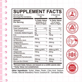 Iron Gummies for Kids, Women & Men, Iron Supplement with Multivitamin - Vitamin B Complex, C, B6, B12, Folate, Zinc for Anemia, Iron Deficiency, Blood Builder, Energy - Strawberry Flavor, Vegan 60ct