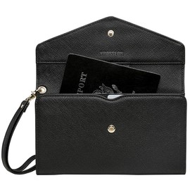 KROSSLON Rfid Passport Holder Tri-fold Travel Wallet Women Medium Wristlet, Black