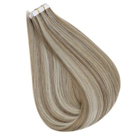 RUNATURE Tape in Hair Extensions Human Hair Ash Brown Highlight Platinum Blonde Tape in Human Hair Extensions Highlight Remy Tape on Extensions 12 Inch 30g