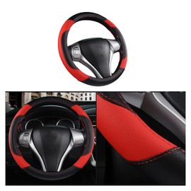 Couslcd Leather Car Steering Wheel Cover, Universal 15 Inch Car Steering Wheel Protector for Women Men, Breathable Anti-Slip and Durable, Car Interior Accessories for Most Cars (Red)