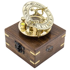 Antique Solid Brass Sundial Compass with Wooden Sailor Box Vintage Decor Steampunk Accessory – Unique Gift for Men