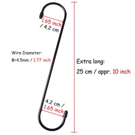 YourGift 6 ganchos extra largos en forma de S de 25,4 cm, ganchos negros resistentes para colgar plantas, ganchos para armario, flores, cesta, patio, interiores y exteriores (6 unidades, 25,4 cm)