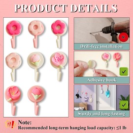 8 Pcs Cute Flower Wall Hooks, Pink Wall Hooks, Small Adhesive Hooks, Plastic Hooks for Hanging Lightweight Item, Towel, Key, Hat, Small Decorative Hooks for Home, Kitchen, Bathroom, Bedroom and Office