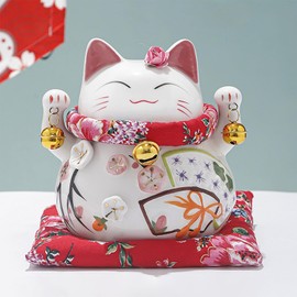 KIUINNO Lucky Cat Ceramics Maneki Neko Waving Arm Chinese Feng Shui Decor Fortune Good Luck Piggy Bank Cat Figurine