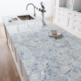 VEELIKE Large Size Kitchen Countertop Peel and Stick Waterproof 118''x32'' Glossy Cream Blue Marble Contact Paper for Countertops Waterproof Adhesive Granite Counter Top Covers for Bathroom Table Desk
