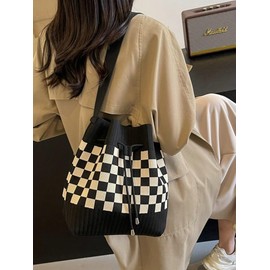 Jusavie Knit Bucket Bag Women 2025 Trendy Spring Crochet Knitted Drawstring Shoulder Bags Crossbody Purse Geometric Pattern