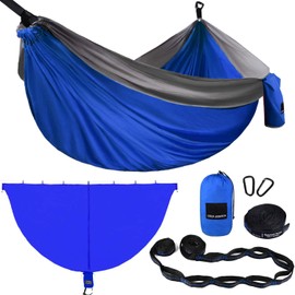 Gold Armour Camping Hammock with Bug Net - XL Double Hammock Portable Hammock Camping Accessories Gear Mosquito Bug Net Set for Outdoor Indoor, USA Based Brand (Blue & Gray)