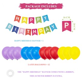Colorful Happy Birthday Decorations, Happy Birthday Banner and 12 Latex Balloons for Men, Boys, Girls, Women Rainbow Birthay Party Decorations Pack.
