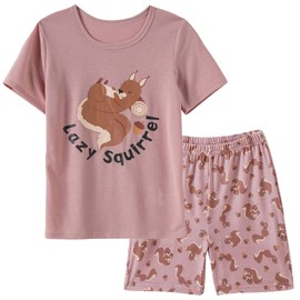 Vopmocld Big Girls Summer Short Sleeve Pajama Sets Lovely Funny Squirrel Sleepwear Cute Cartoon Nighty 100% Cotton, Squirrel, 7 Years