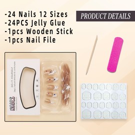 Jremg White French Tip Press on Nails Medium Almond Star Fake Nails with Rhinestone Design 3D Reusable Glue on Nails Glossy Artificial Acrylic Full Cover Stick on Nails for Women Manicure 24Pcs