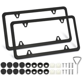 2 Pack License Plate Frames, 4 Holes Matte Black License Plate Frame, Aluminum License Plate Holder with Free Screws Fasteners Caps and Tool