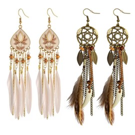 Dangle Earrings, Feather Earrings, Earrings for Women, Faux Feather, Retro Earring, Elegant Earrings, Fringe, Feather, Long Boho, Plastic, No Gemstone