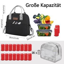 Hopedas Lunch Bag for Women Men Reusable Large Insulated Lunch Box, Leakproof Cooler Tote Bag Freezable Cute Lunch Bag with Adjustable Shoulder Strap for Work Outdoor Picnic Beach - Schwarz