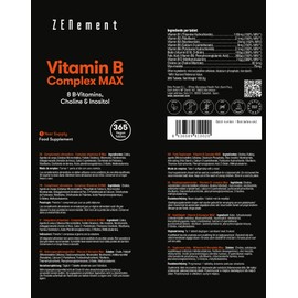 Vitamin B Complex MAX, 365 Tablets | 8 B-Vitamins + Choline & Inositol | Helps Reduce Fatigue, Contributes to Normal Mental Performance and Helps The Immune System to Function Normally | Zenement